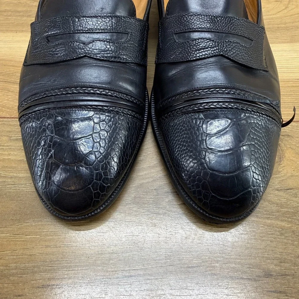 MEZLAN FLAWED Ostrich Leg Penny Loafers Mens 9 M Black Leather Dress Slip On